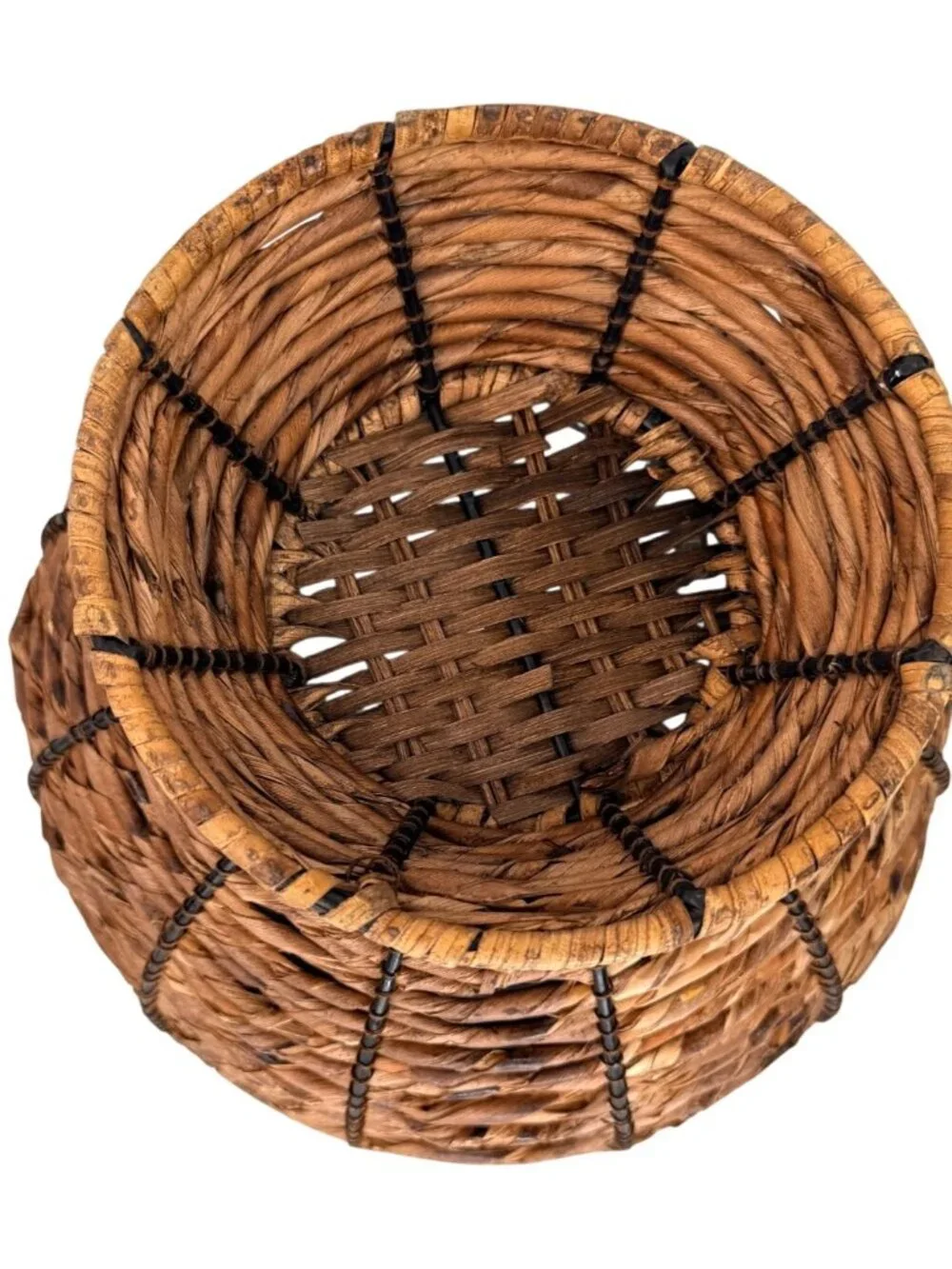 Vintage Rustic Wicker Pedestal Bowl Boho Rattan Footed Centerpiece Basket